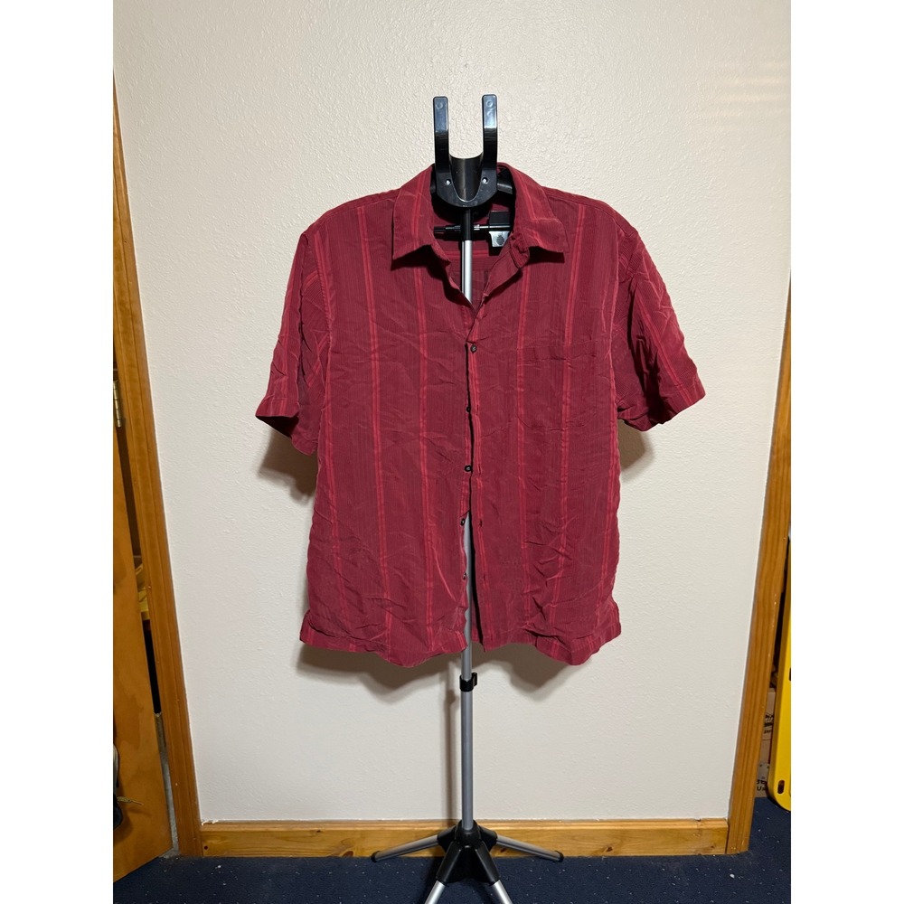 Alfani Mens XL Burgundy Red Vertical Stripe Short Sleeve Button Up Shirt Modal